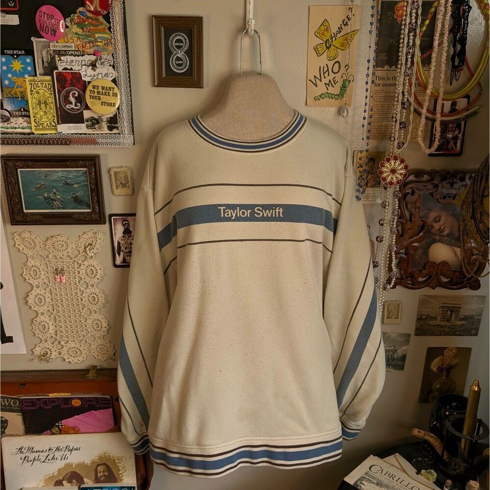 Taylor Swift Midnights Era Sweatshirt Unisex Adult Large Cream Blue Striped